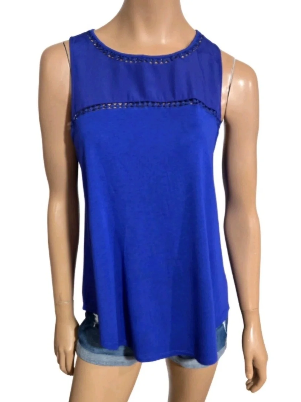 Old Navy Blue Sleeveless Top Mixed Media Embroidered Cutout Detail Keyhole M/L